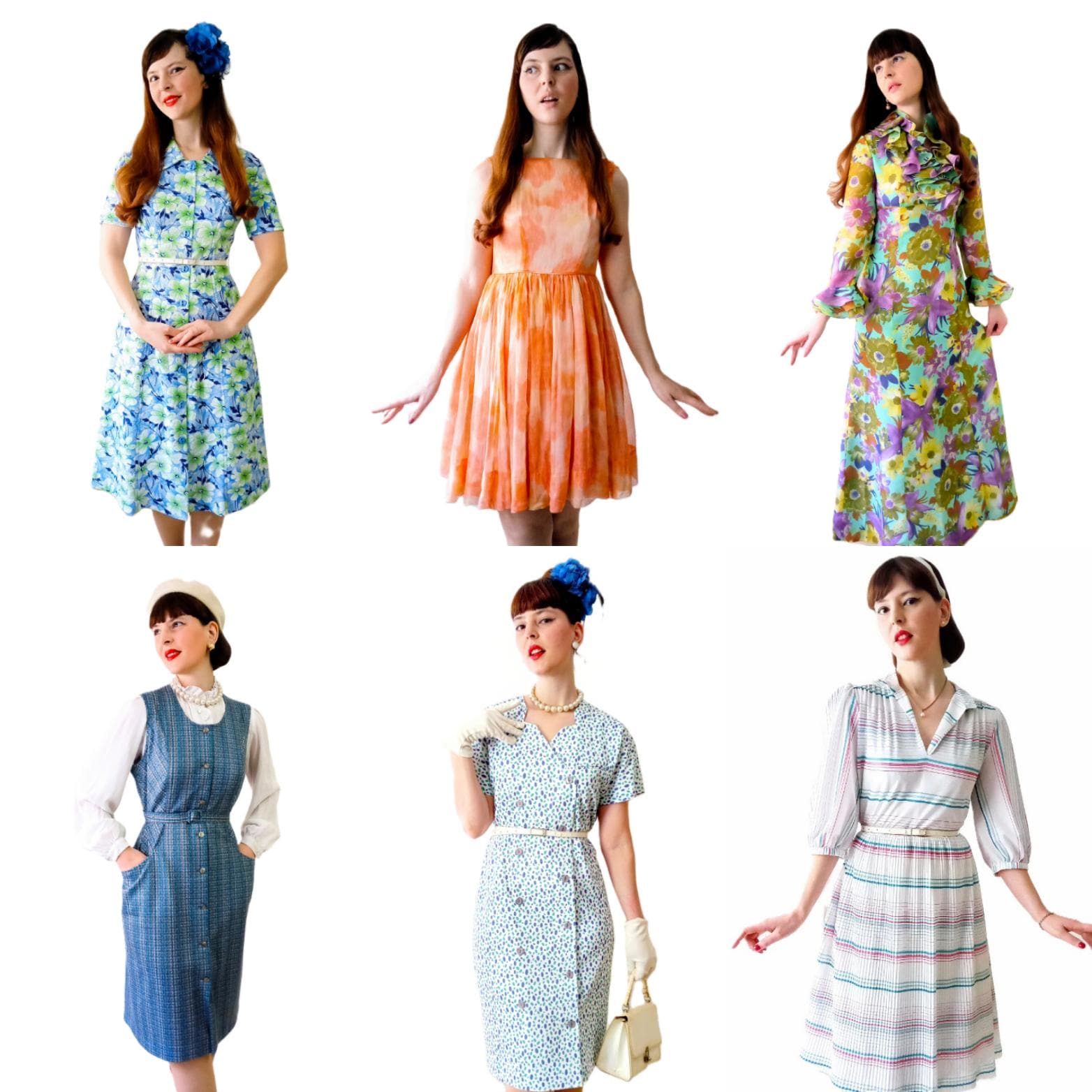 Collage de 6 photographies de mode vintage présentant Laura Siméand, créatrice de la boutique Un Style Rétro, posant dans différentes robes style des années 40, 50, 60 et 70.  Chaque tenue est accessoirisée avec soin : gants blancs, sacs à main rétro, colliers de perles . Présentation de la collection de pépites uniques disponibles sur la boutique en ligne Un Style Rétro.