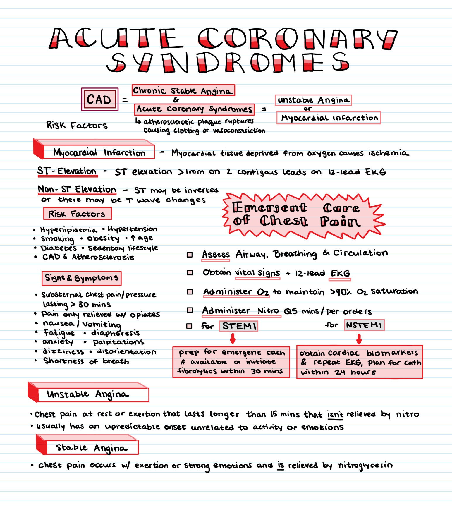 Acute coronary syndrome and heart attack nursing notes written in red and pink writing. Unstable vs stable angina.