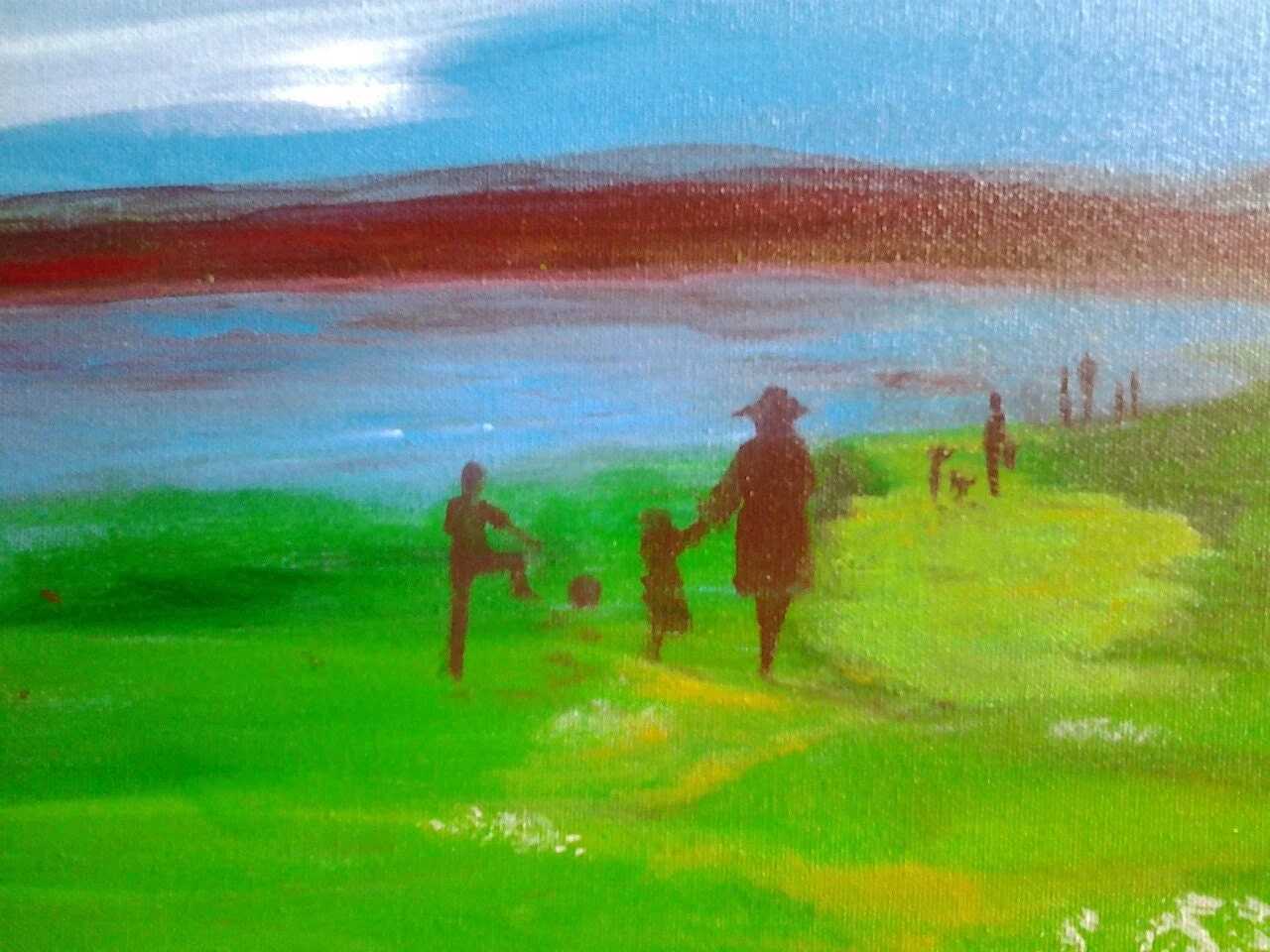 Painting of a family in silhouette walking to the lake in a park