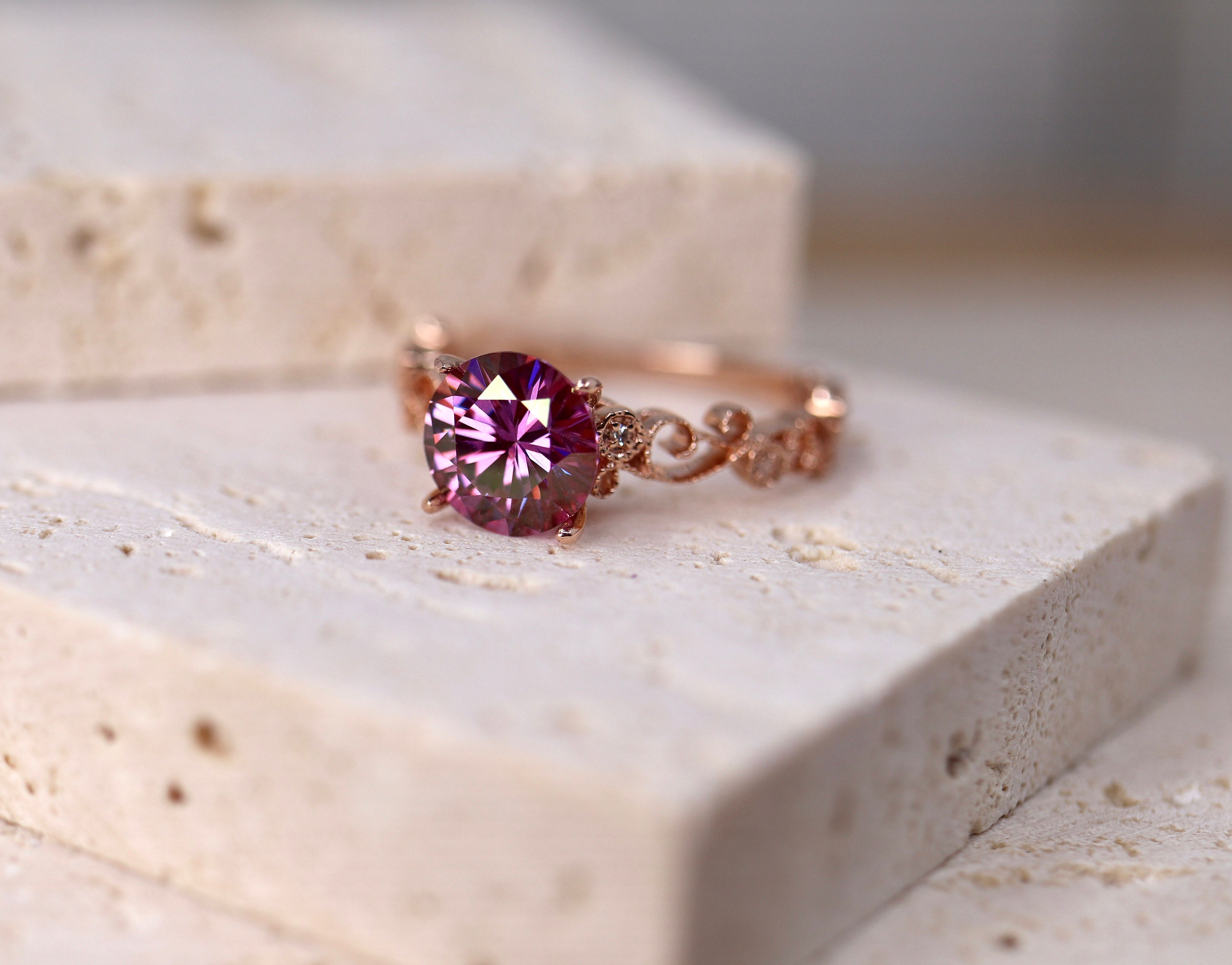 Purple moissanite half eternity solitaire ring 14k rose gold