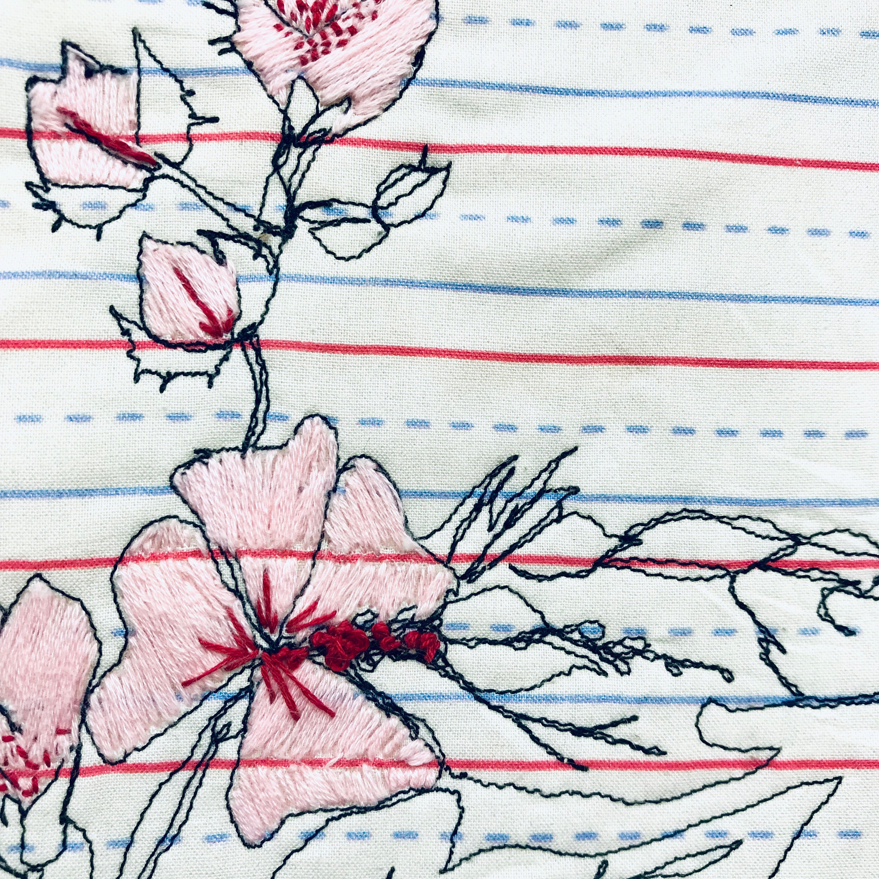 Machine drawing with hand Embroidery on Line paper pattern fabric