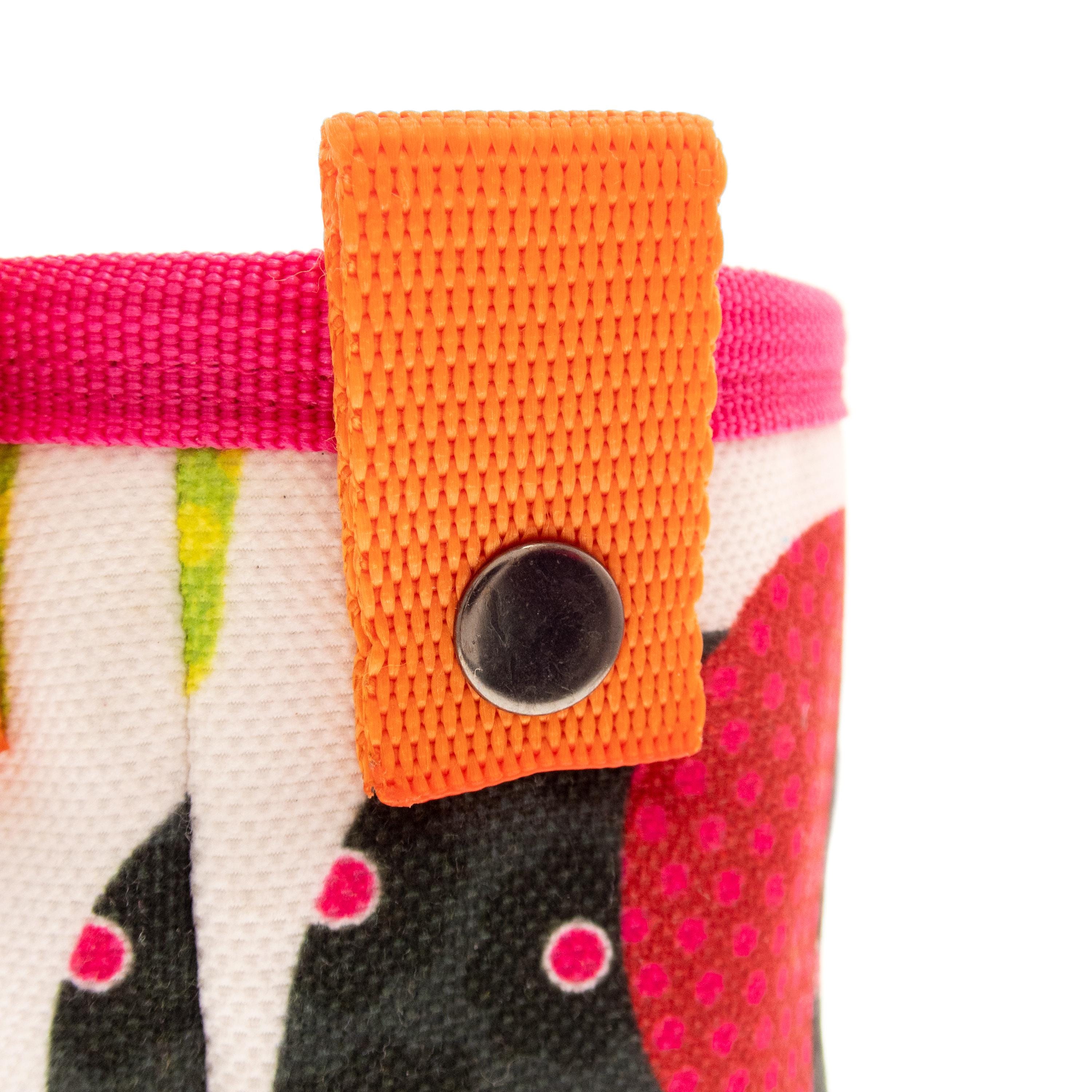 Close-up of colorful loops and attachment points on the S size climbing chalk bag