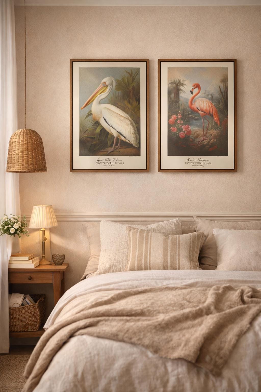 Pelican And Flamingo Vintage Art in the bedroom