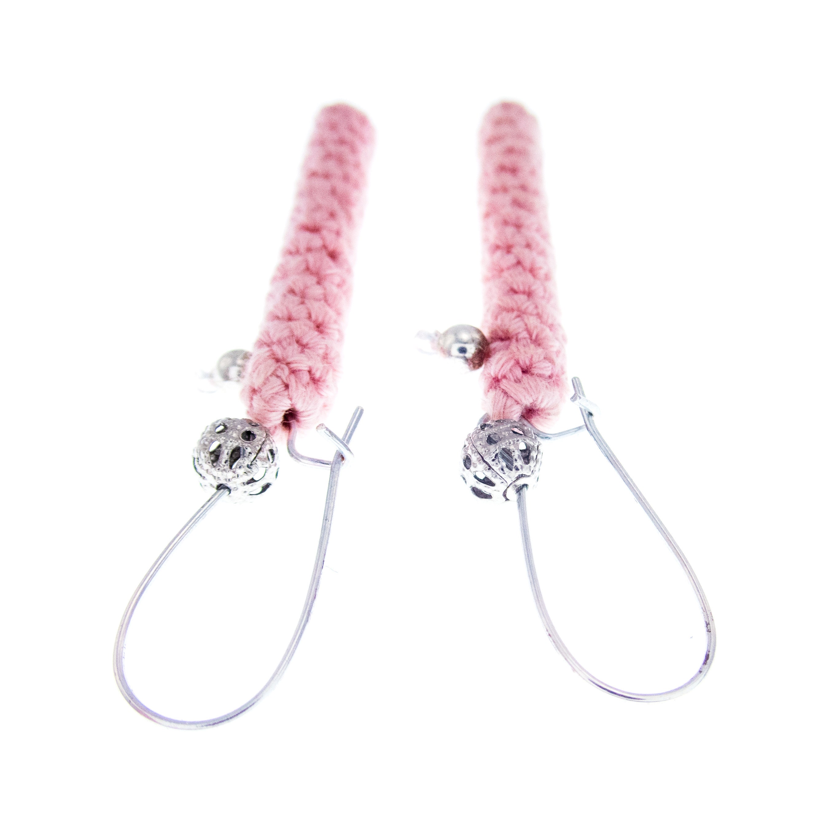 handmade pink crochet bar earrings dangle