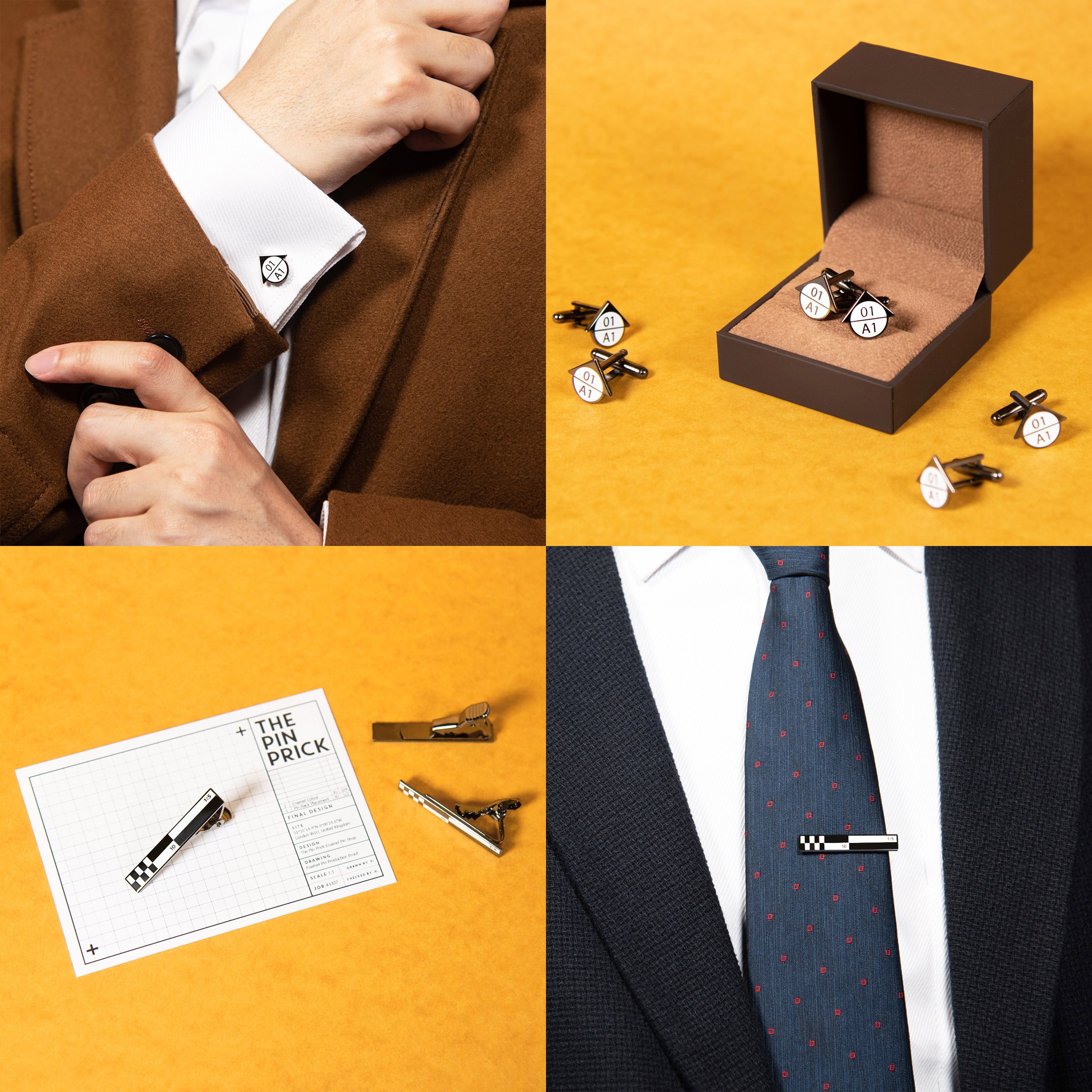 wearable architectural fashion accessories. section mark cufflinks and scale bar tie clips as architectural formal wear for graduation.