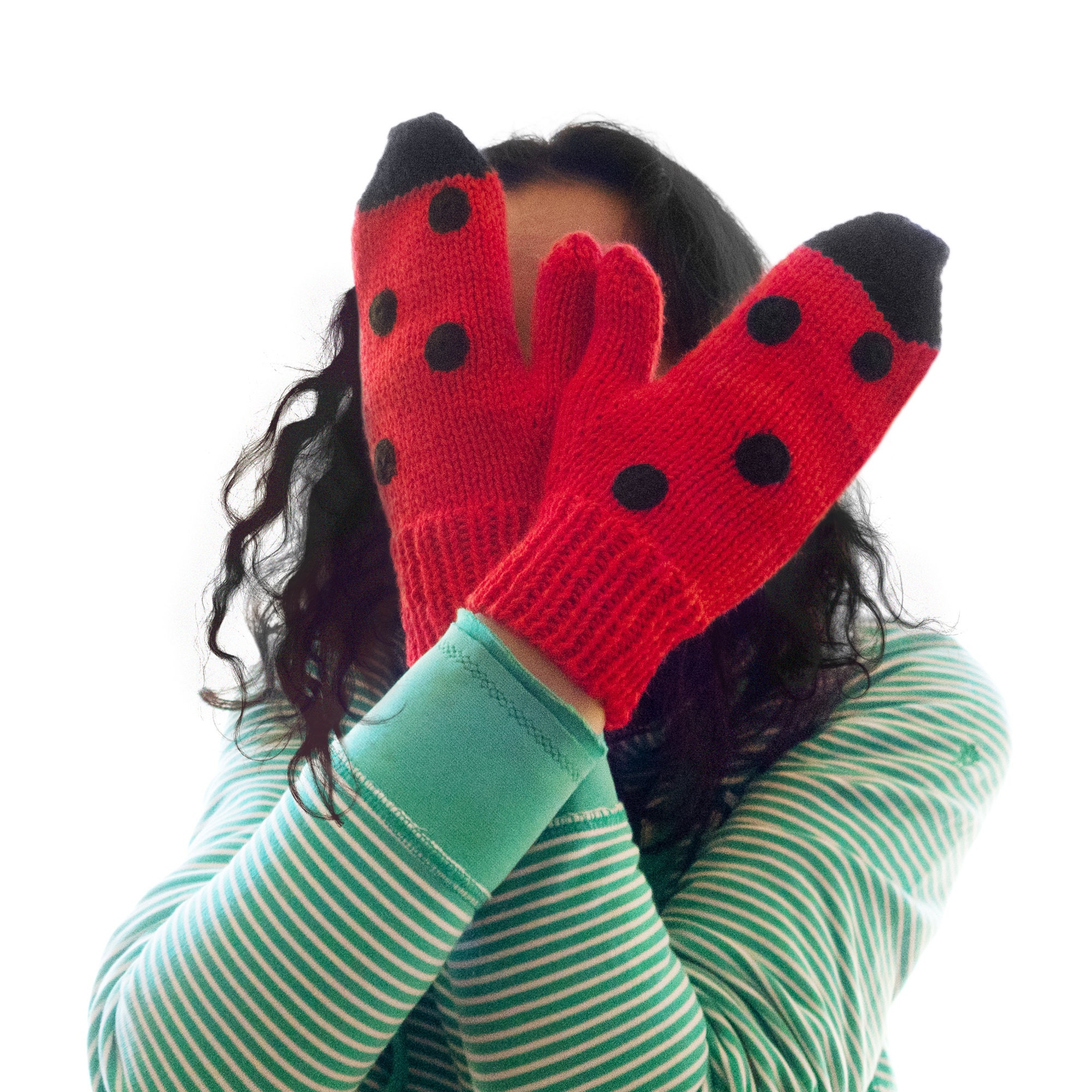 adults mittens, warm knitted winter mitts with ladybug theme