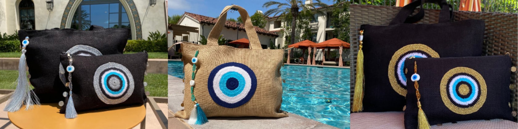 KarensLine Handmade Evil Eye Jute Small Clutch Pouch Bag Off-White Beach  Bag Zipper Gift Bag with Tassel