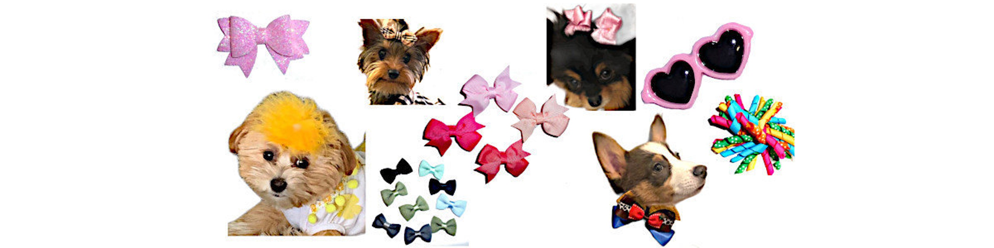 Puppy dog bows, pet hair rhinestone barrettes & grooming bands and DIY