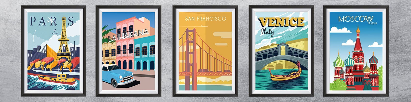 EzPosterPrints - Retro World Famous City Posters - Decorative, Vintage,  Retro, Grunge Travel Poster Printing - Wall Art Print for Home Office 