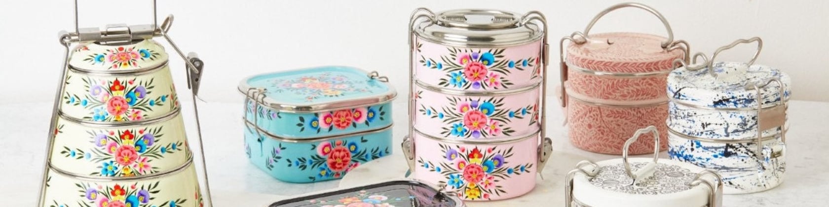 Pink Floral Stainless Steel Lunch Box Tiffin, 'Floral Pink Tiffin