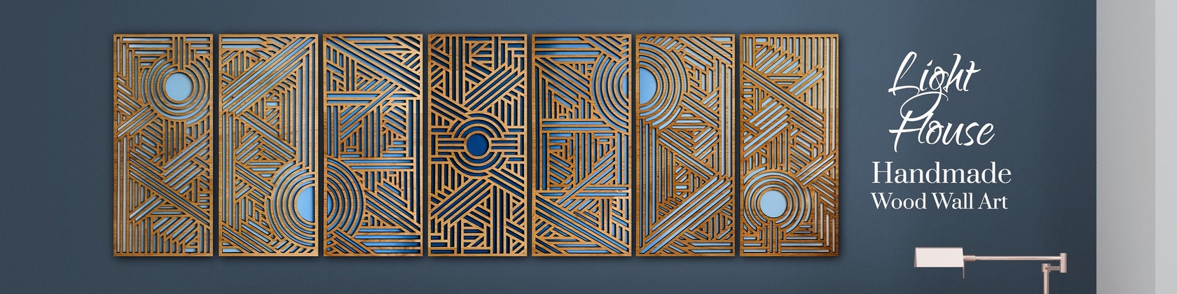 Geometric Wall Art, All Wood Art Deco Decor, Handmade Horizontal 4 Panel