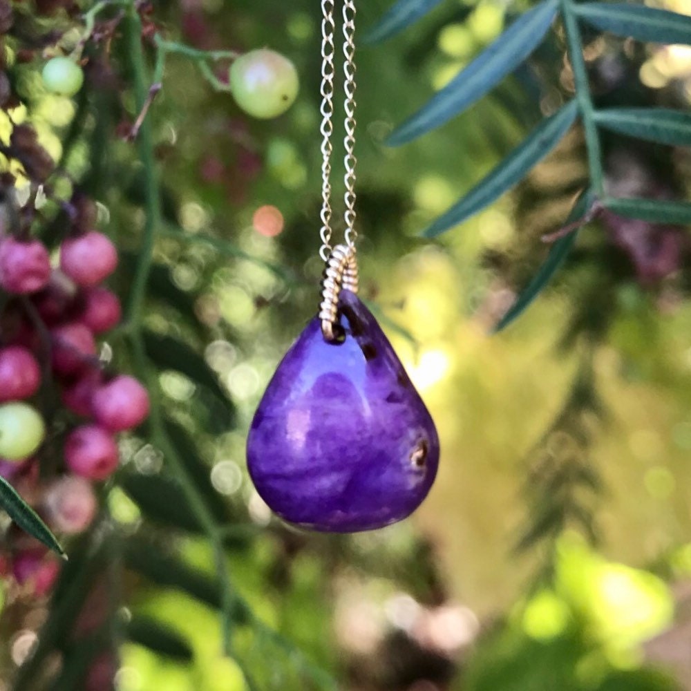 Deep purple gel sugilite pendant with 14k solid gold wire or 935 Argentium sterling silver wire bail #207