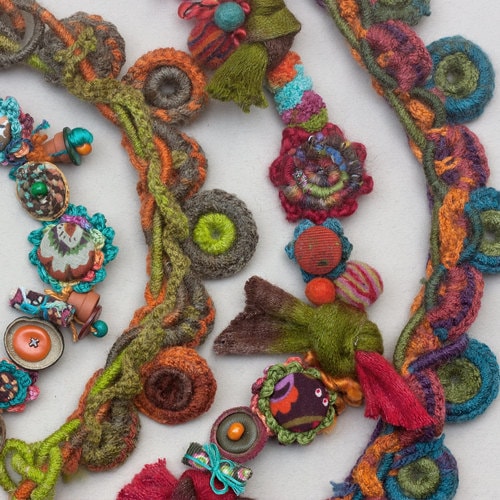 Flower crochet necklace colorful statement jewelry with bamboo beads OOAK