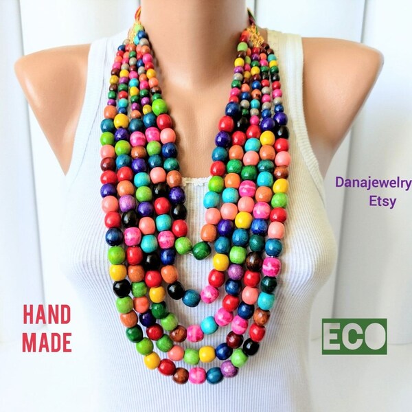 A multi-color big bead necklace with large, round beads in a variety of colors
