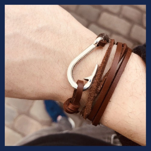 Leather Bracelet With Large Fishing Hooks in Black or Brown, Gift