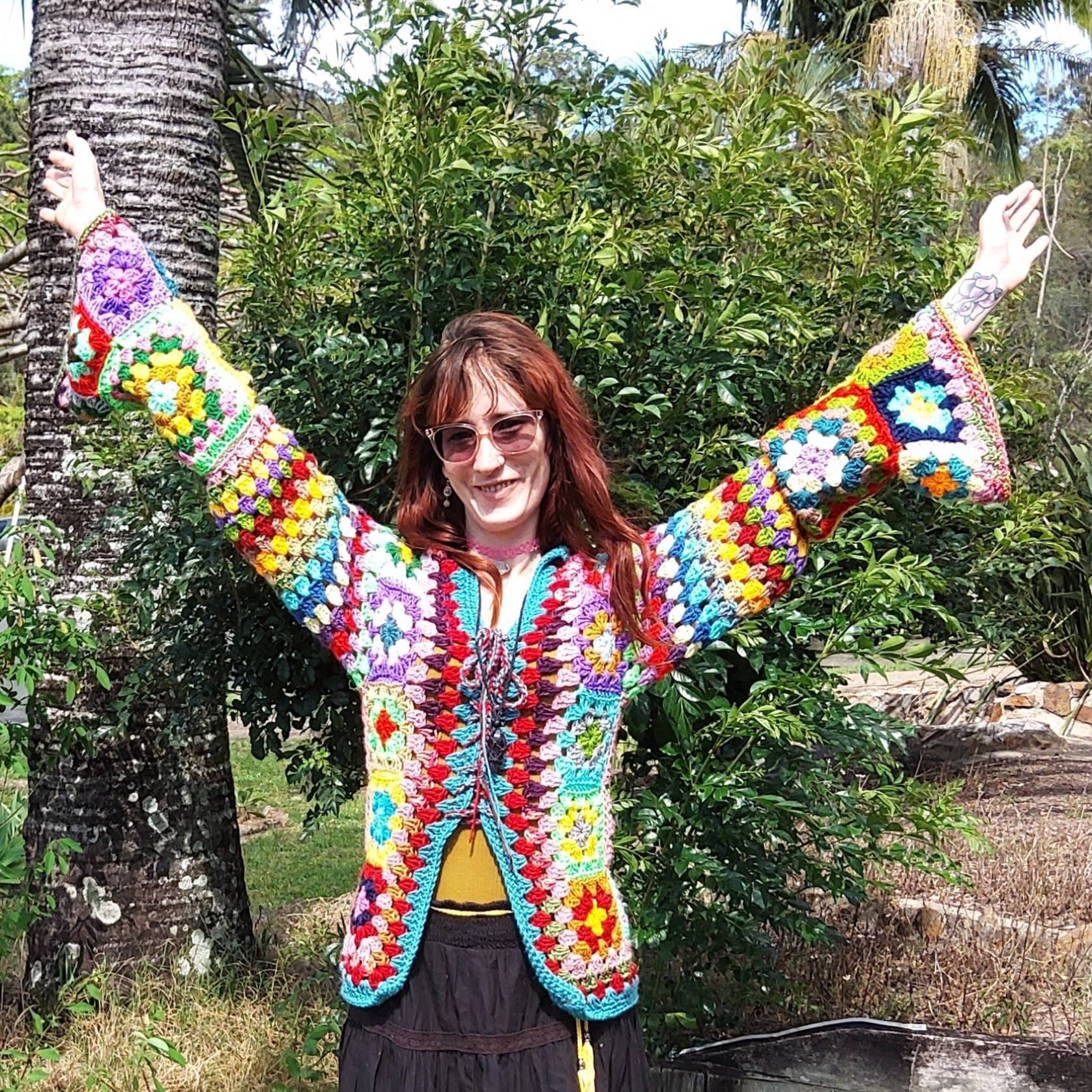 One off Funky Crochet Skirt boho Skirt hippy Clothes festival Wear rainbow  Lady gypsy crochet Clothes vegan size 8-12 adjustable 