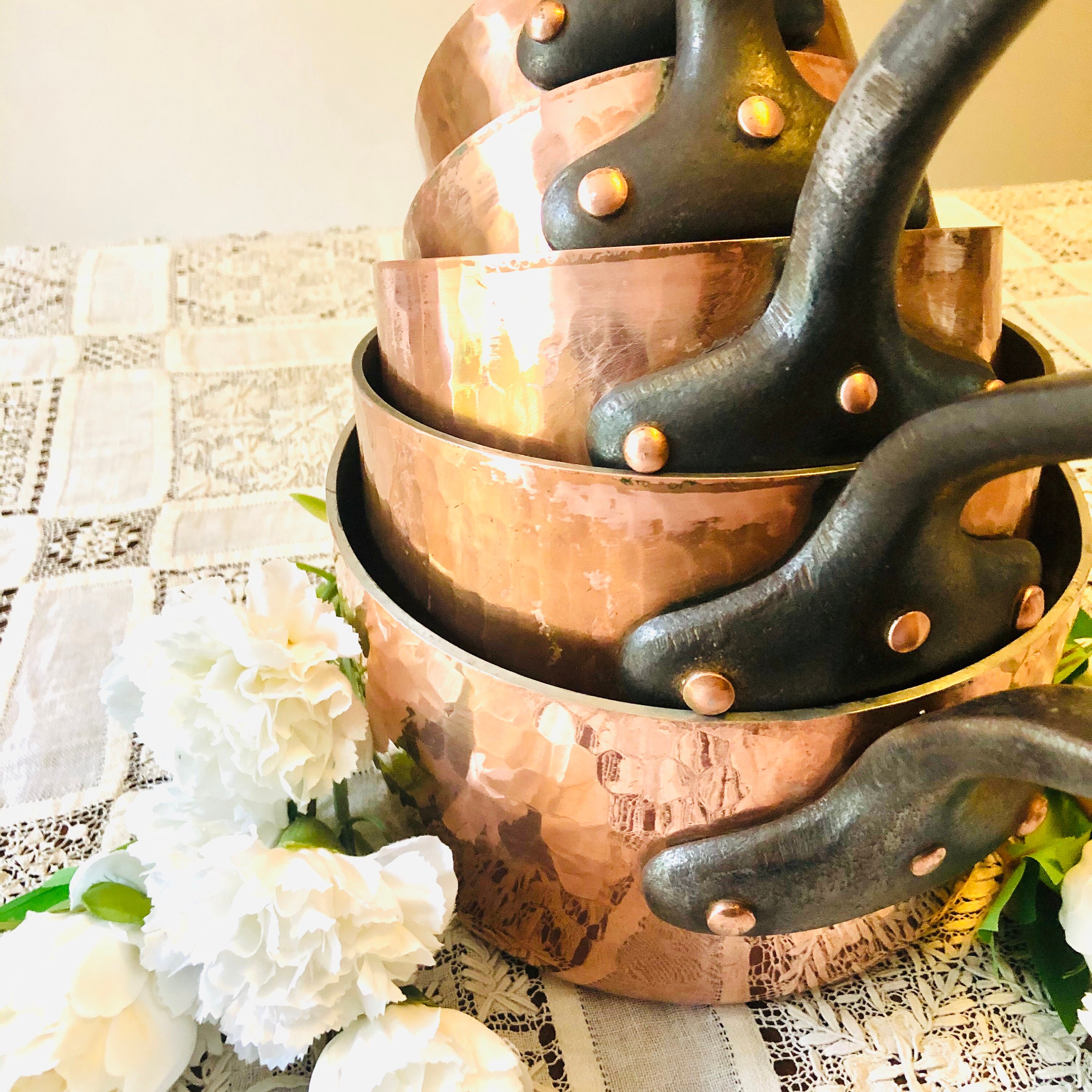 France #G-3647 Vintage Copper Pan Planter Brass Handles Rolled Lip Ceramic Handles Lion Feet Dovetail Seams Paris