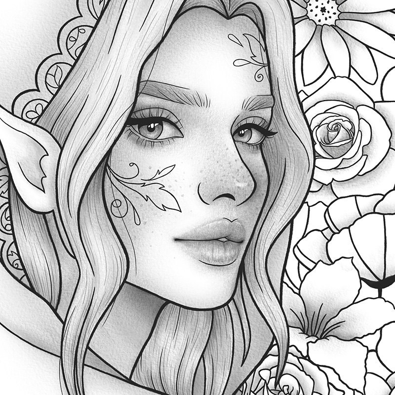 Printable Coloring Page Fantasy Floral Girl Portrait Wearing Mask