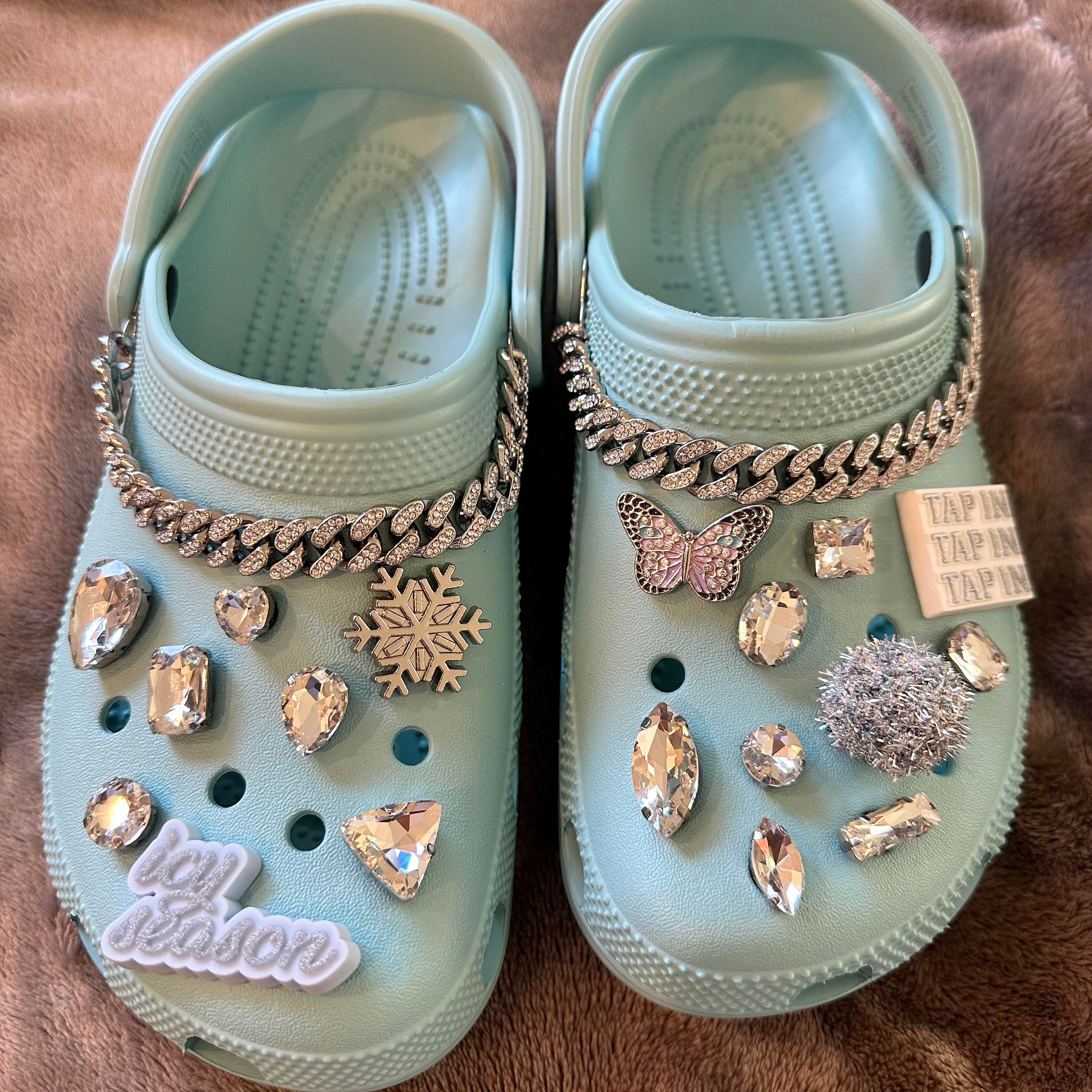 New Custom Crocs- Women's Size 9, Icy Blue with Custom Charms (1 Pair Only)