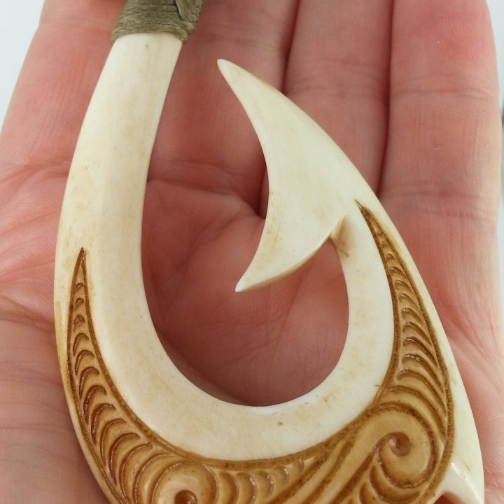 Hand Carved Solid Bone Stylized Pacific Islands Hawaiian Fish Hook