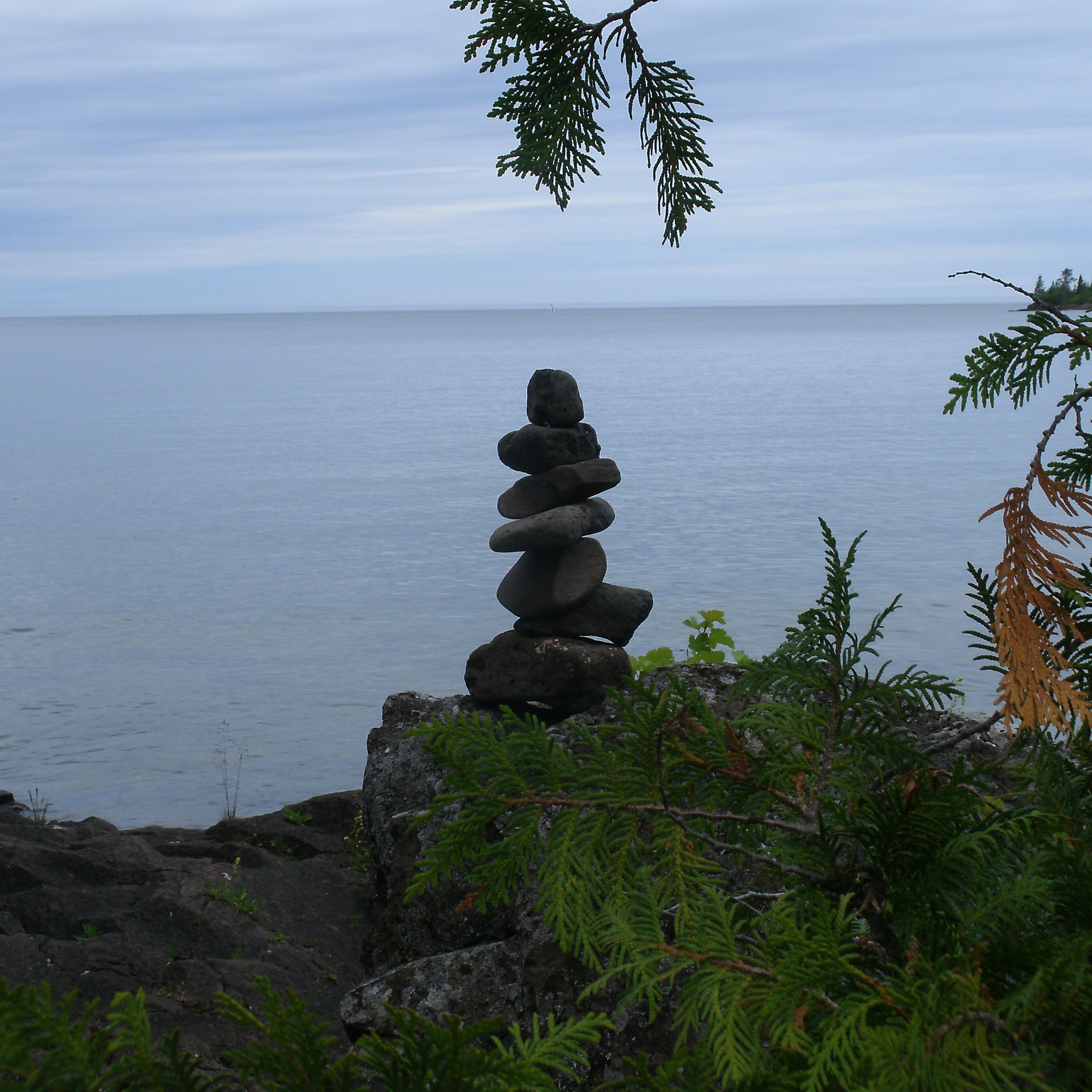 Stone and Driftwood Cairn Stone Cottage Decor Beach Rock Stacks Zen Stone Stack Nature Themed Office Art Pure Michigan Rock Cairn #163