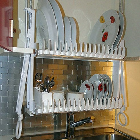 European Dish Rack Above the Sink. Dish Drying Rack Built Inside