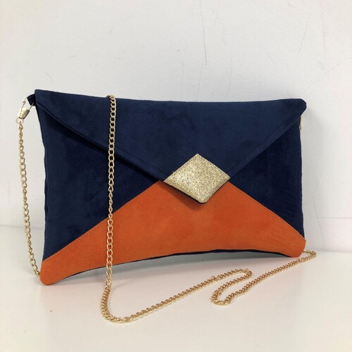Pochette mariage bleu marine et bleu ciel paillettes dorees Pochette soiree personnalisee suedine forme enveloppe Sac a main chainette Etsy Canada