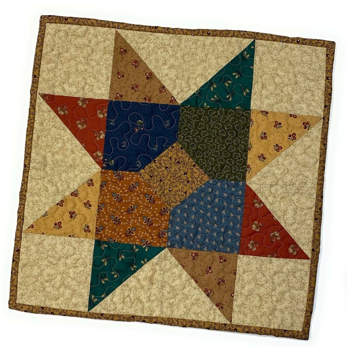 Mug Rugs set of two or Candle Mat Country Summer Blue and Brown-Quilted Handmade