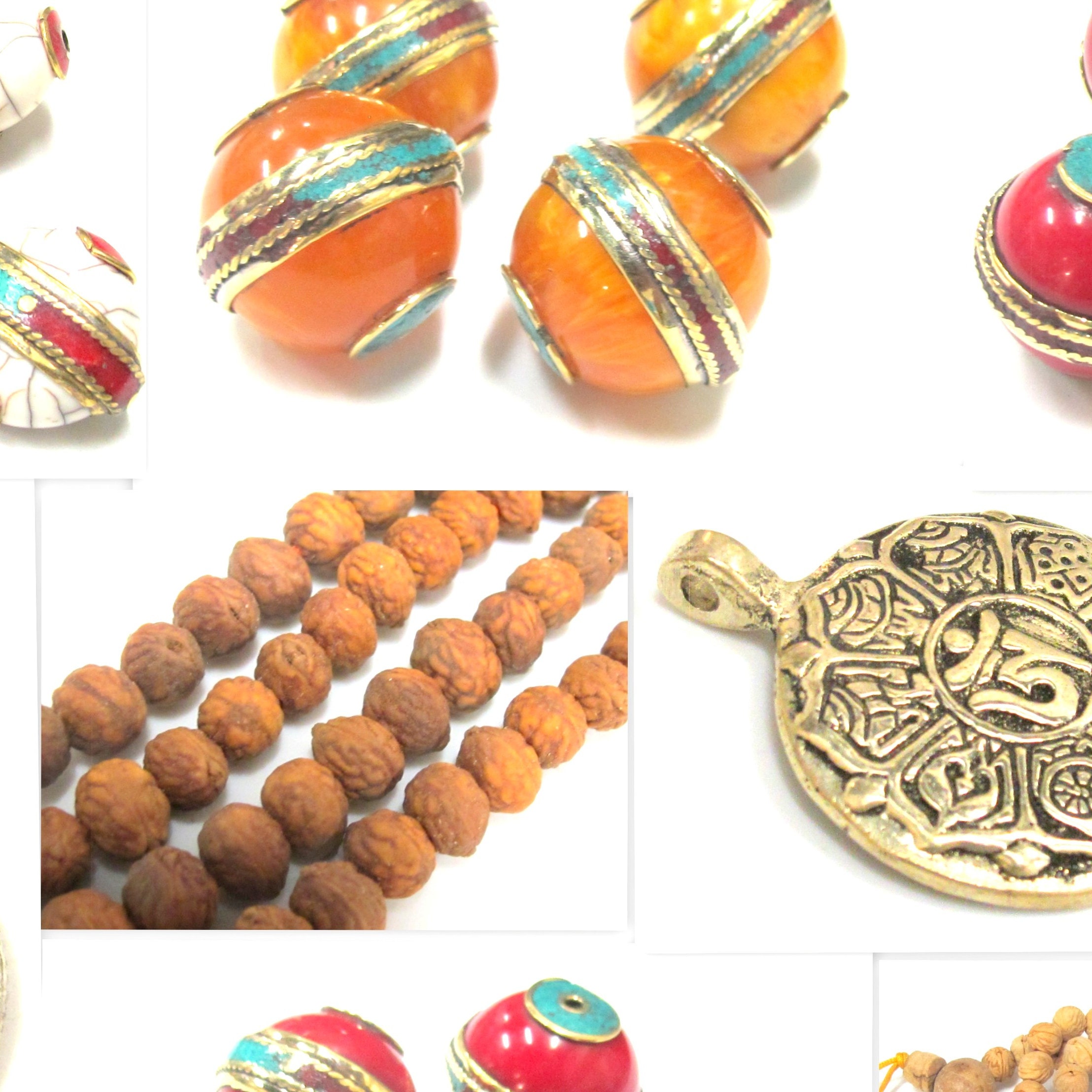 2 Stück Knochenperlen orange flach mit Muster zum Basteln für Schmuck
