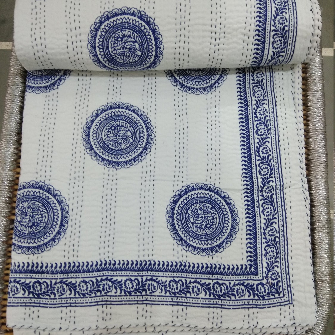 Kantha Hand Stitched Bedspread Blanket New Floral Print Cotton Quilt Amazing vintage Kantha Quilt Kanttha Sofa Cover Decor California King