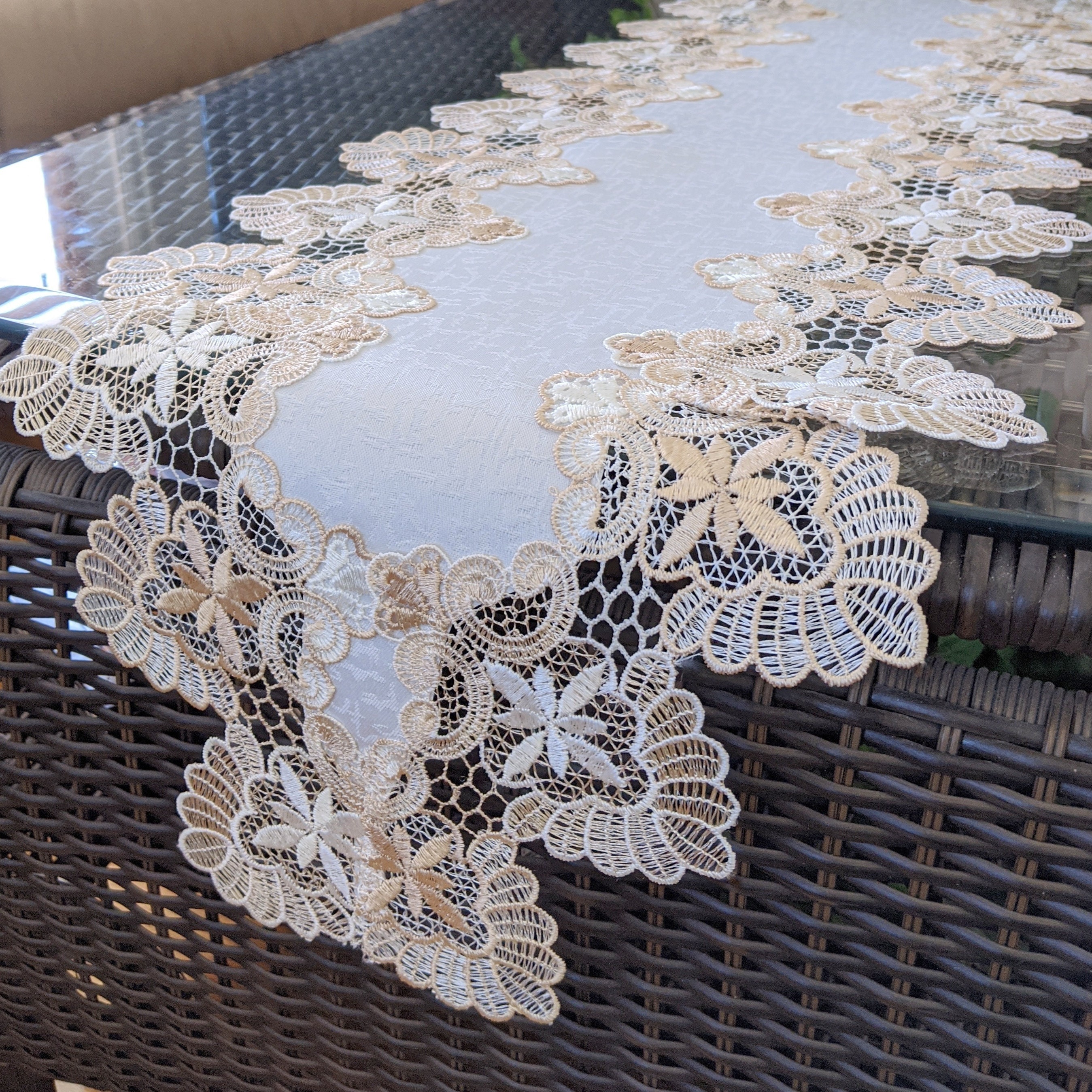 Delicate Gold Trim Lace 63" x12" Dresser Scarf Shelf Runner Mantel