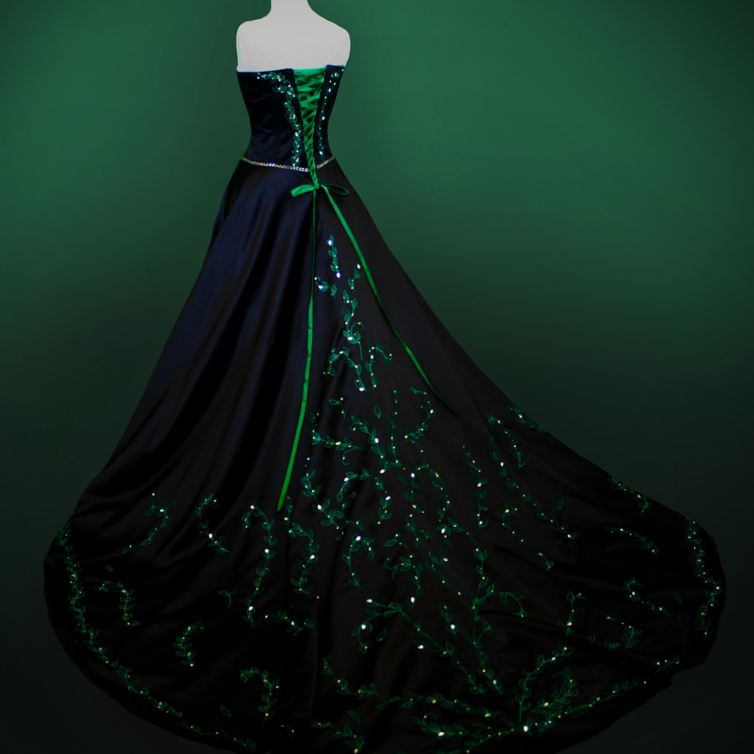 Black Wedding Dress with Green Embroidery Custom Made in