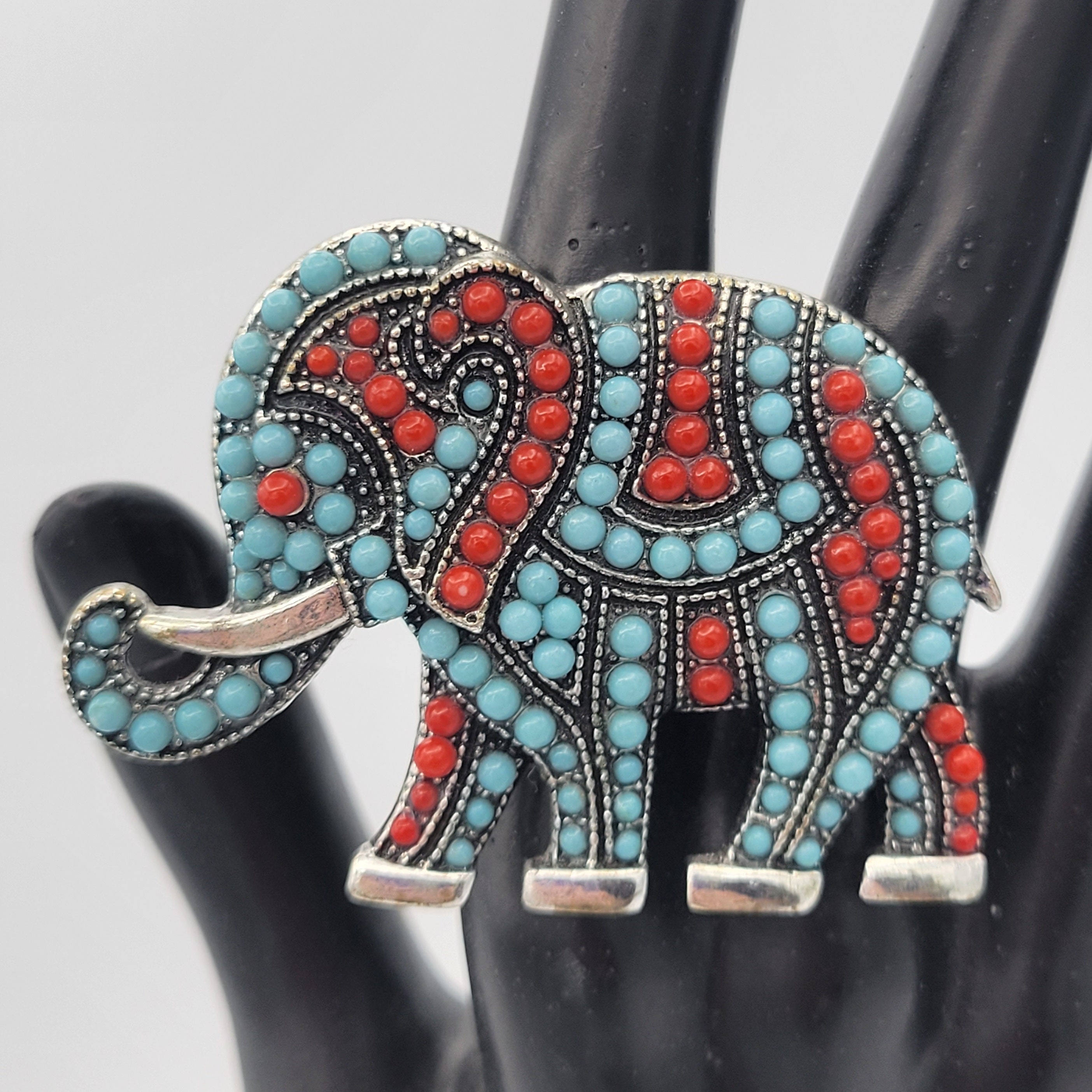 Vintage Grueso Tallado Plástico Cuentas Azul Rojo Negro Elefante