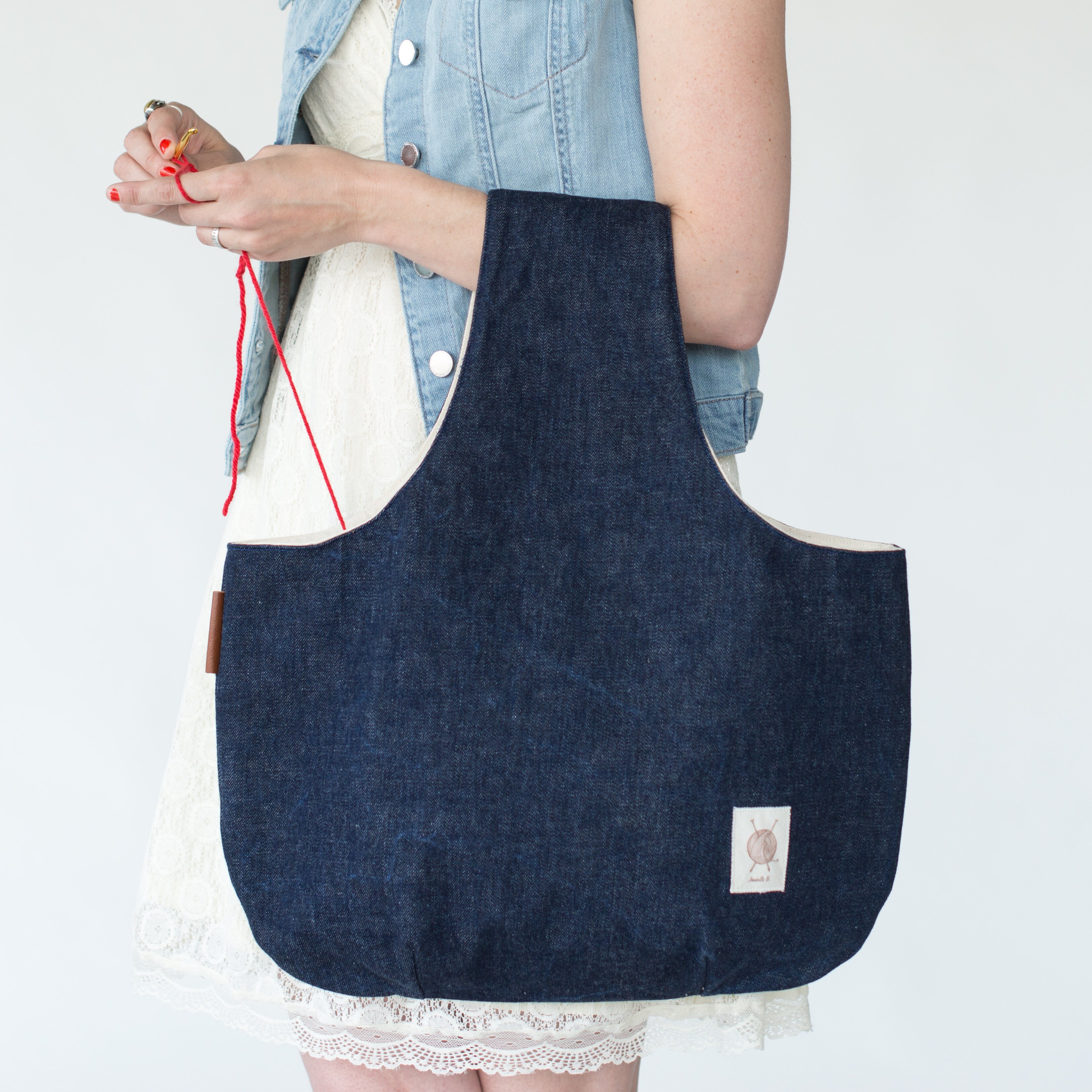 Large leather and Cream project bag Beige knitting bag with leather