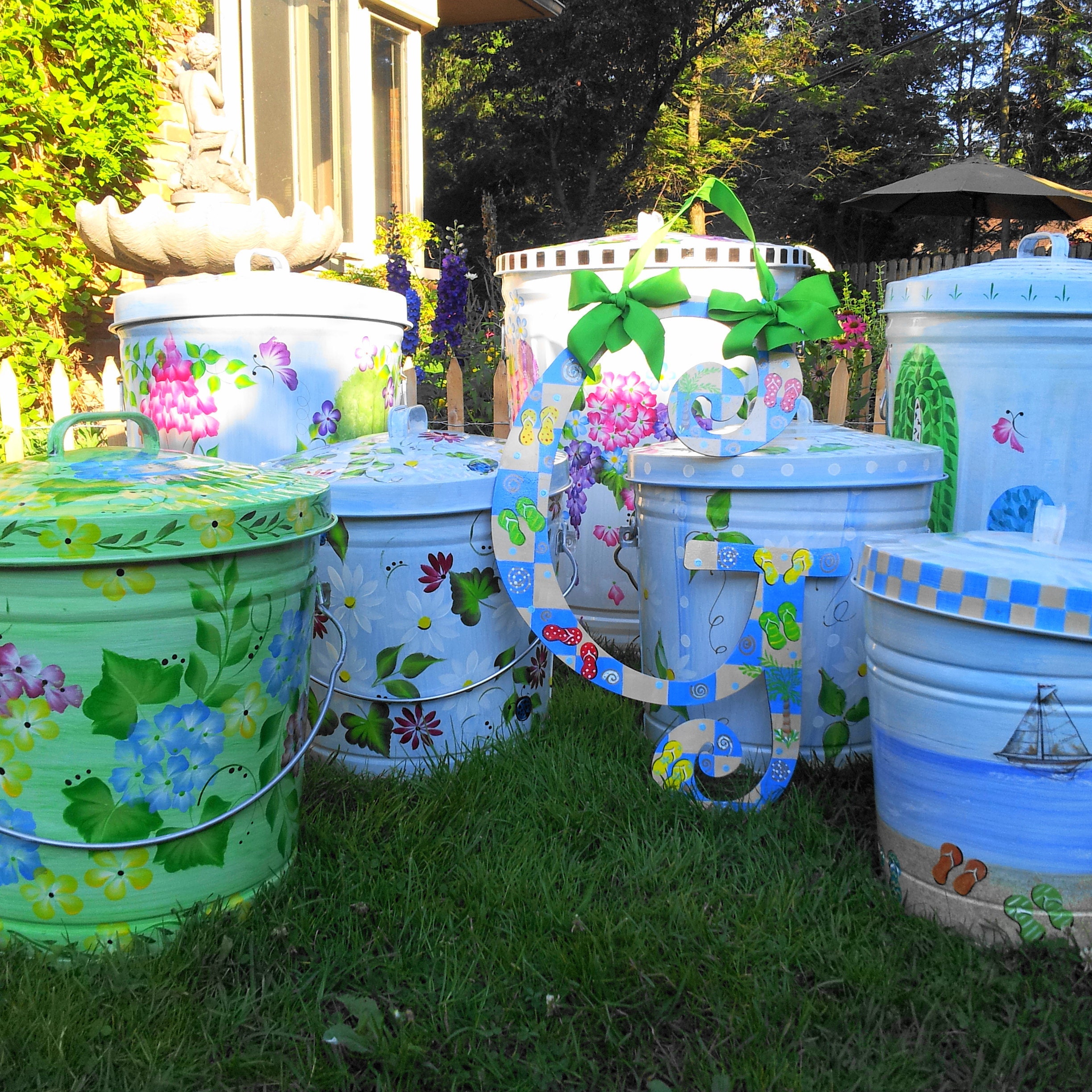 Hand Painted Trash/garbage Can 30 Gallon Flower Garden, Welcome Sign,  Butterflies, Hollyhock Floral Lid 