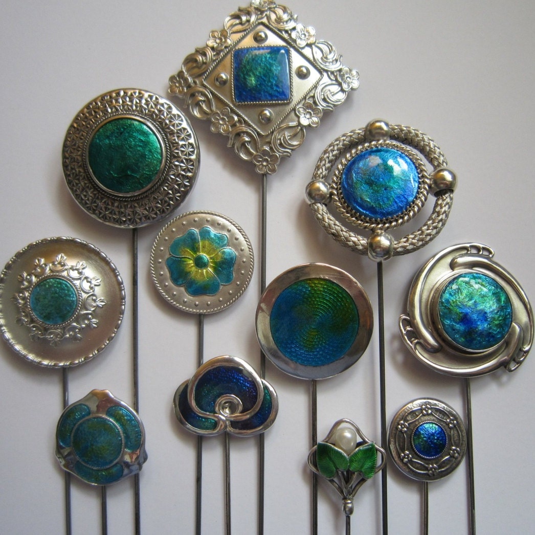 Gold silver enamel and brass hat pins for sale by VintageHATPINS