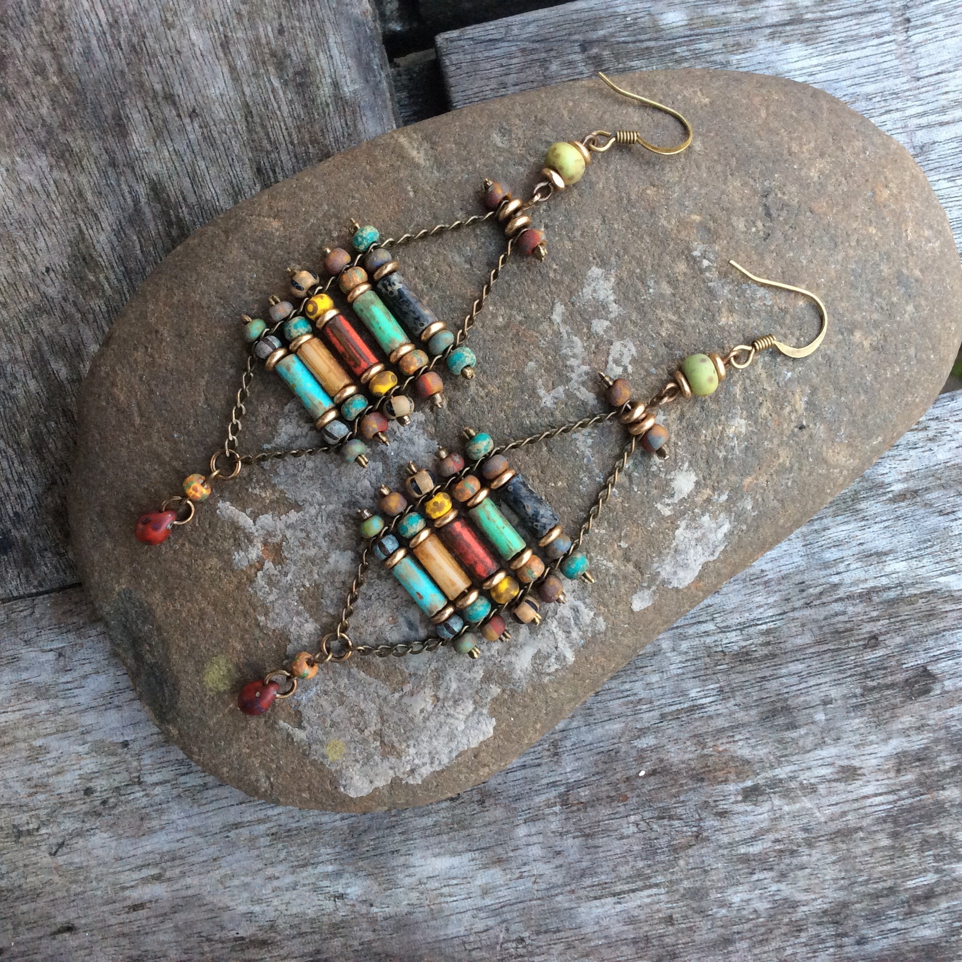 Earthy,Tribal earrings . Turquiosebuffpinksilver Boho earrings,Boho chic earrings,Hippy earrings,Bohemina earrings,Czech glass earrings