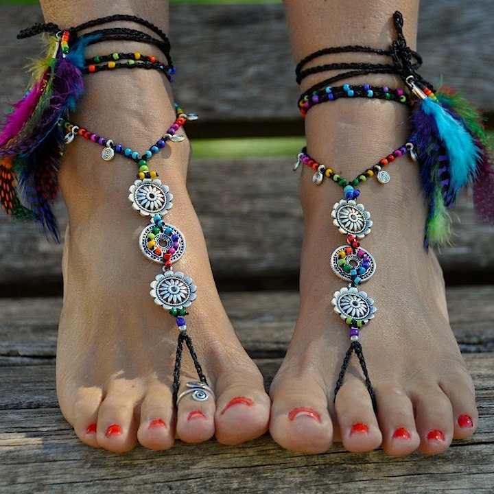 Black TREE of LIFE Barefoot SANDALS, Foot Jewelry, Hippie Sandals