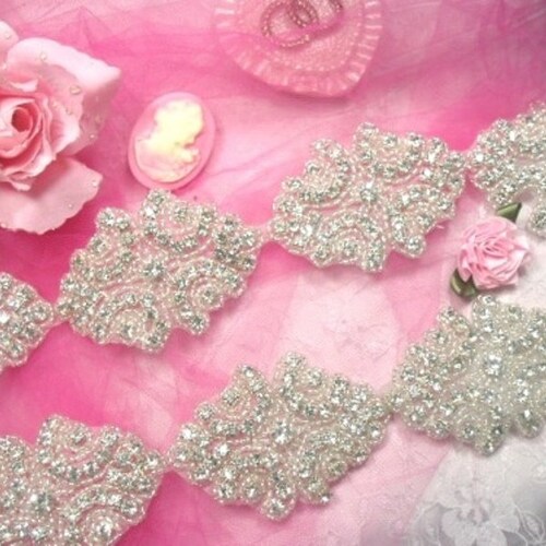 JB48 Hot Fix Silver Beaded Crystal Rhinestone Applique 7/" Bridal Sash Motif