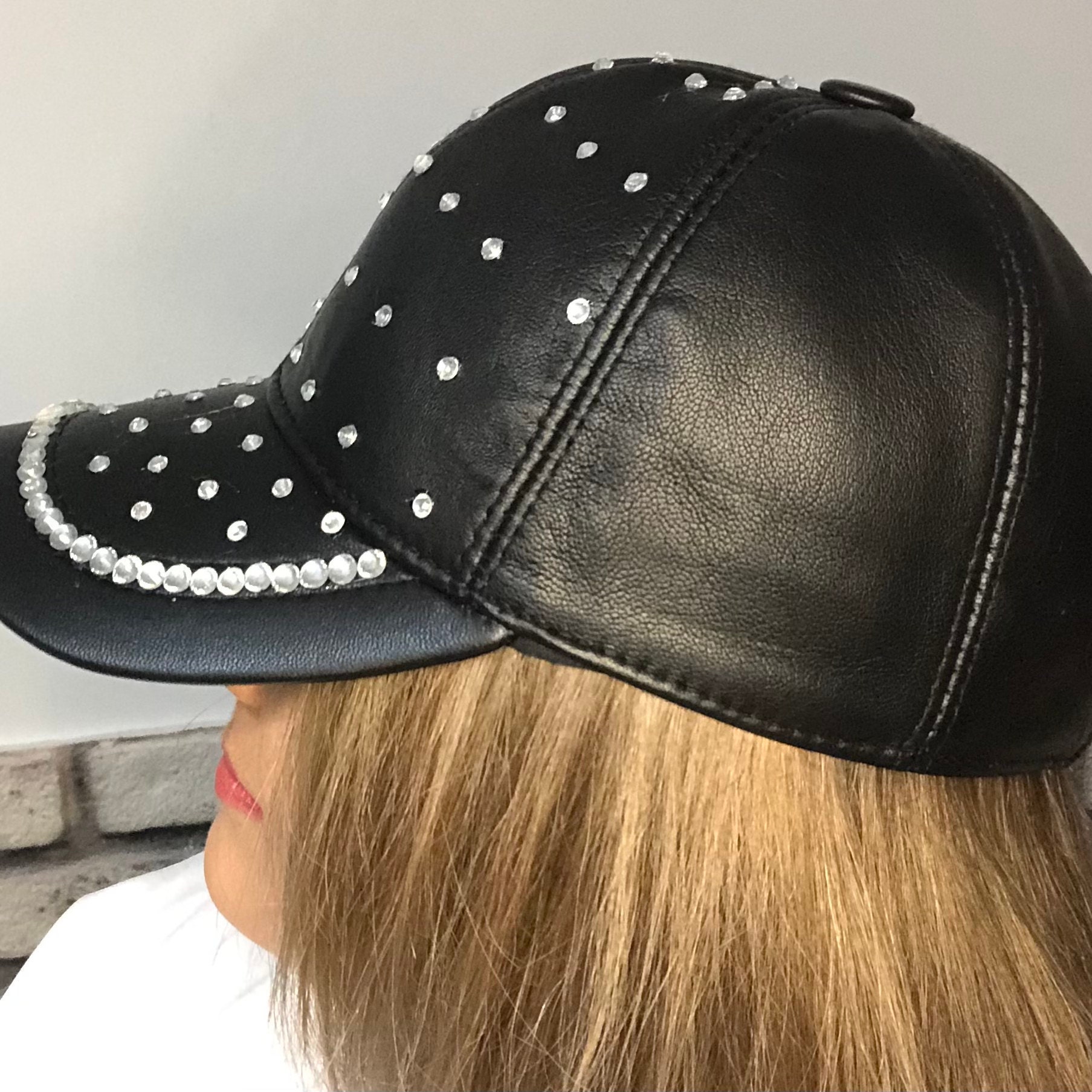 Gray Leather Cap With Rhinestone 