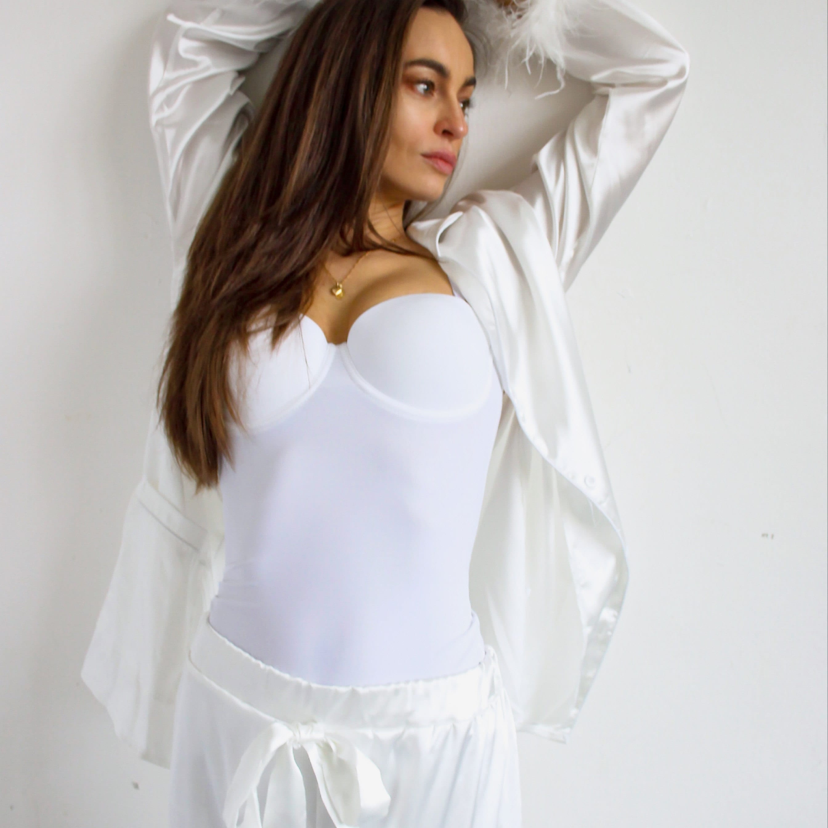 Feather Pyjama Set, Party Pyjama Set, White Satin Pyjama Set