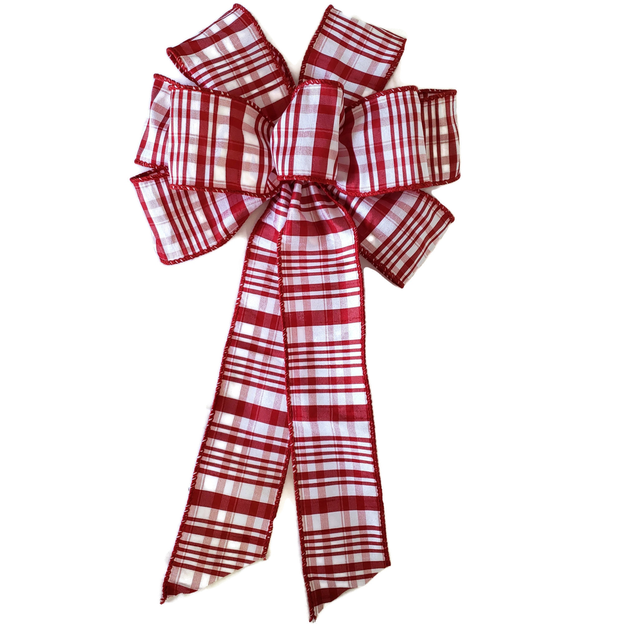 Hand tied Bows - Wired Buffalo Plaid Pink & White Linen Bow 8