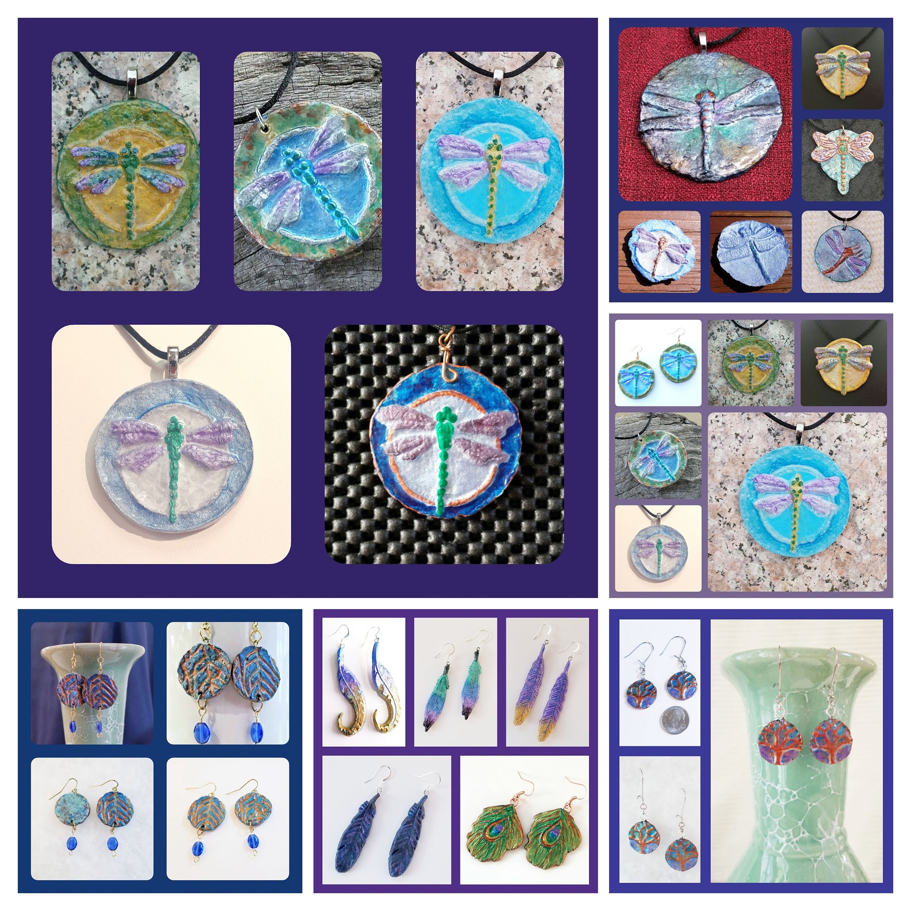 totem power animal pendant talisman amulet charms Dragonfly Pendant Necklace Blues Greens and purple recycled paper