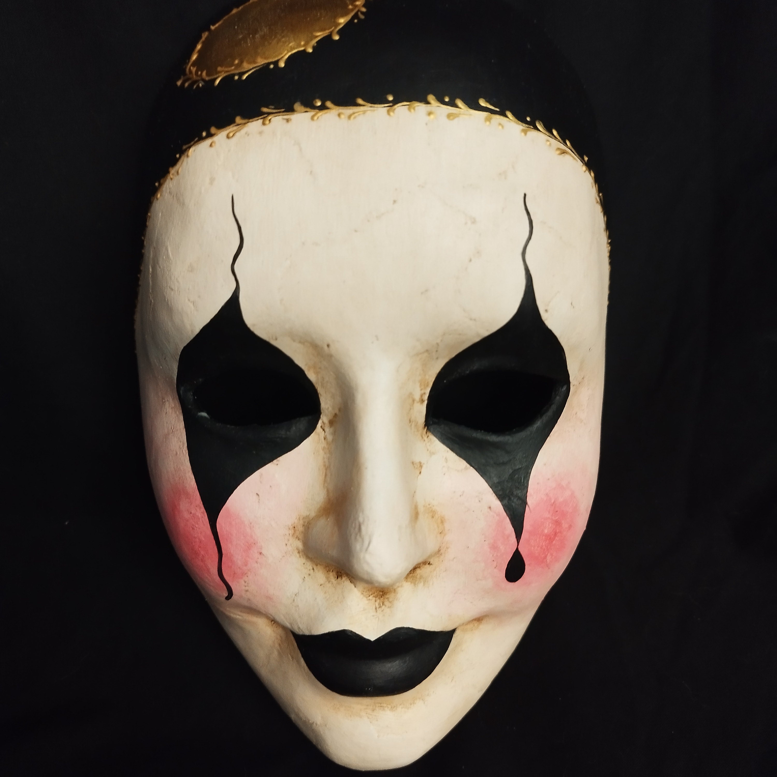 Closeup of a paper mache Venetian mask depicting a