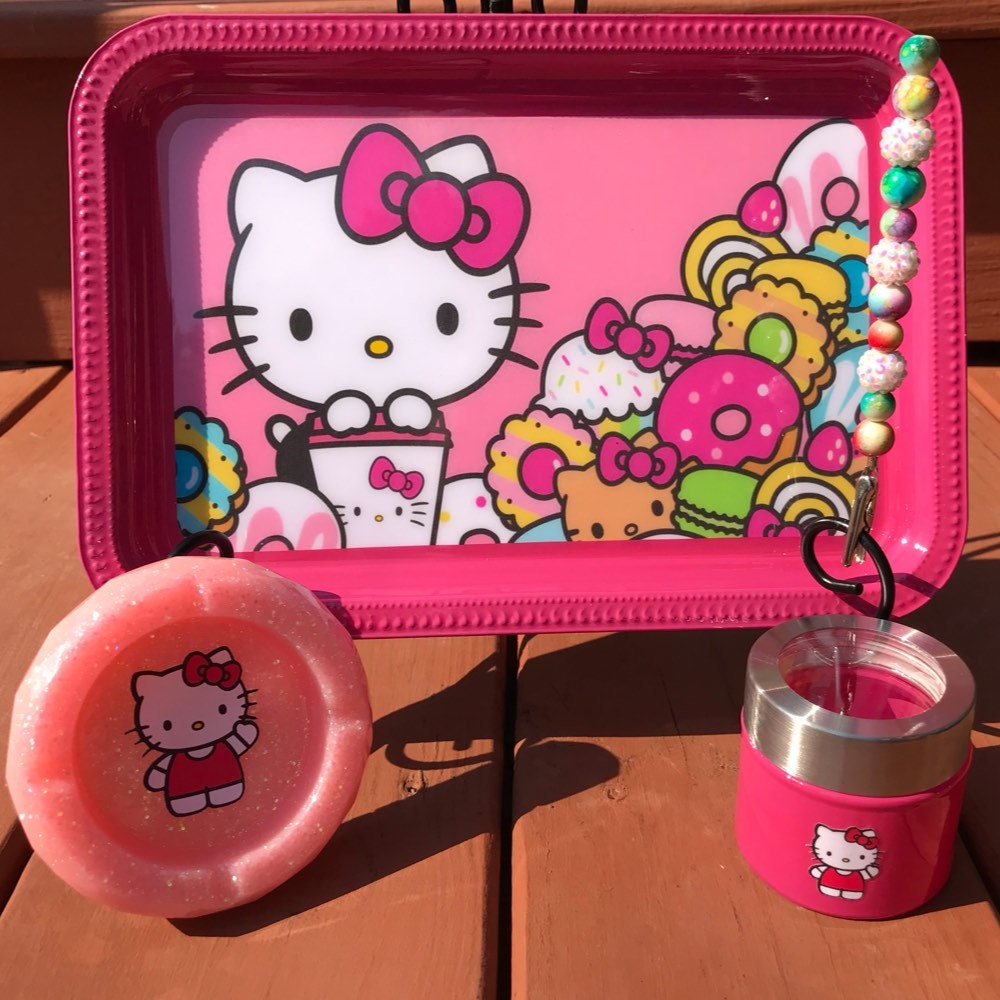Pink Hello Kitty Rolling Tray, Stash Jar, Roach Clip and Ashtray Set Weed  Tray Canibus Marijuana Tobacco Tray 