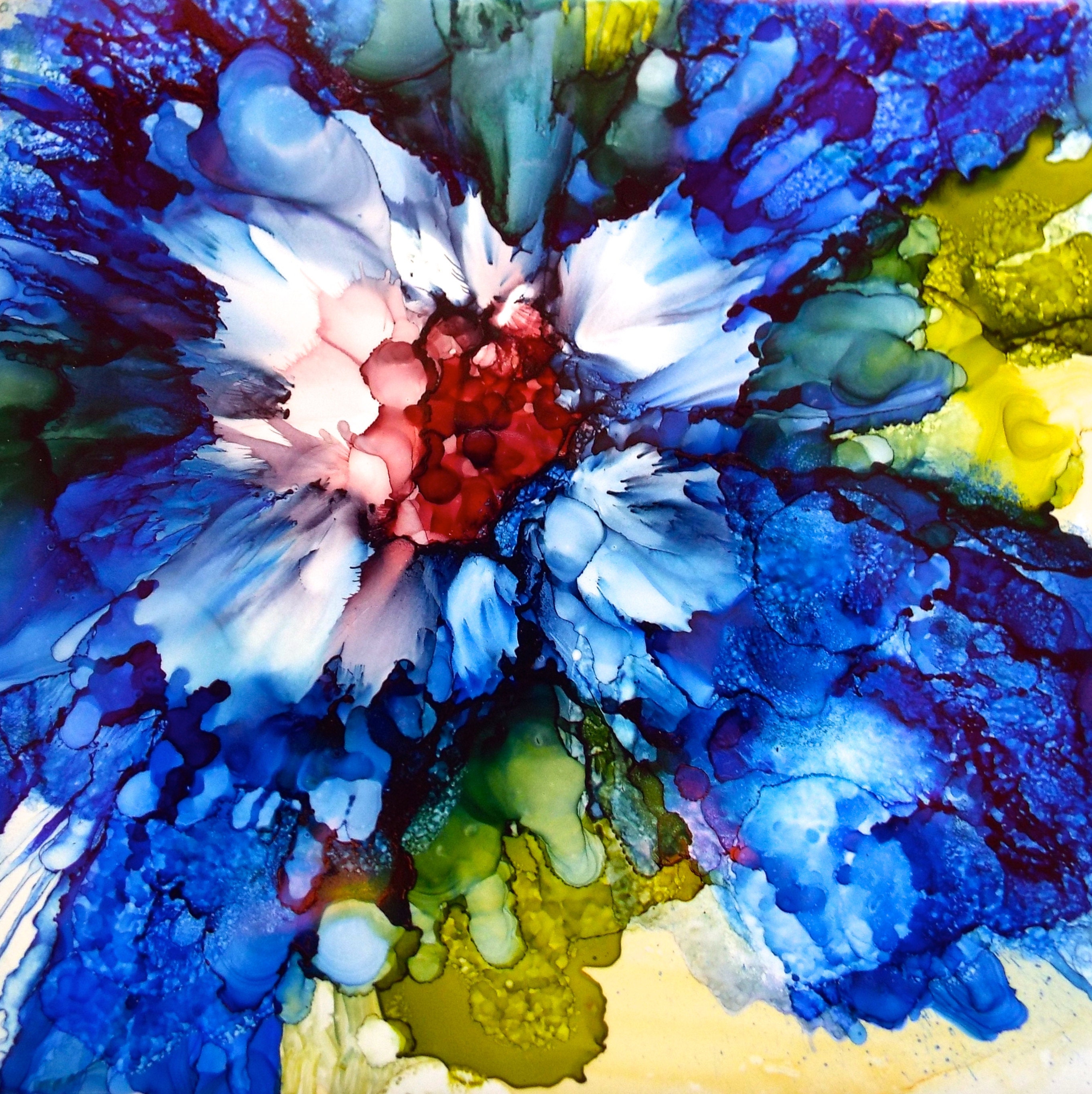 Abstract Blue Flower Painting Original Art Alcohol Ink Painting Abstract Artwork Above Sofa Art