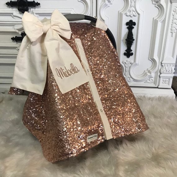 Rose Gold And Cream Car Seat Canopy Cat Cover - Baby Girl Car Seat Covers Glitter
