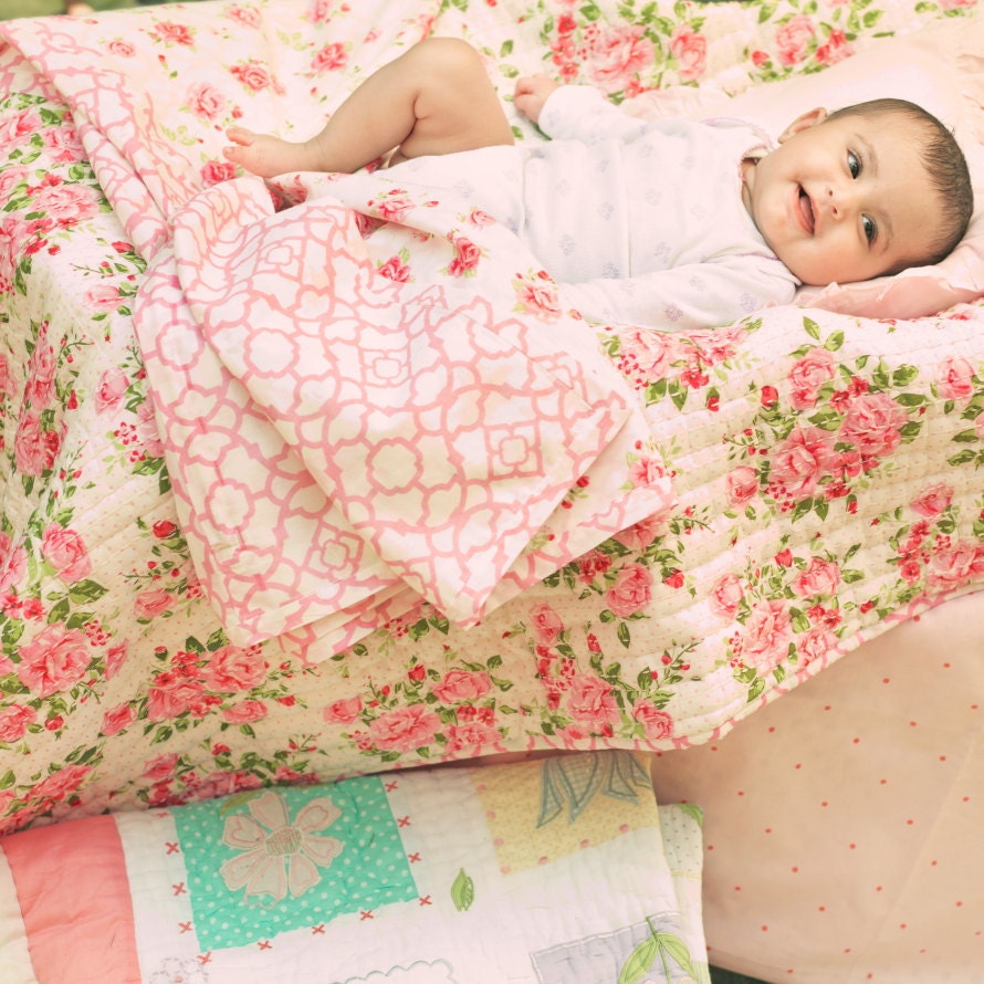 Hearts Full Crib Reversible Bumper Pink Ivory Nursery Crib Bedding Baby Girl