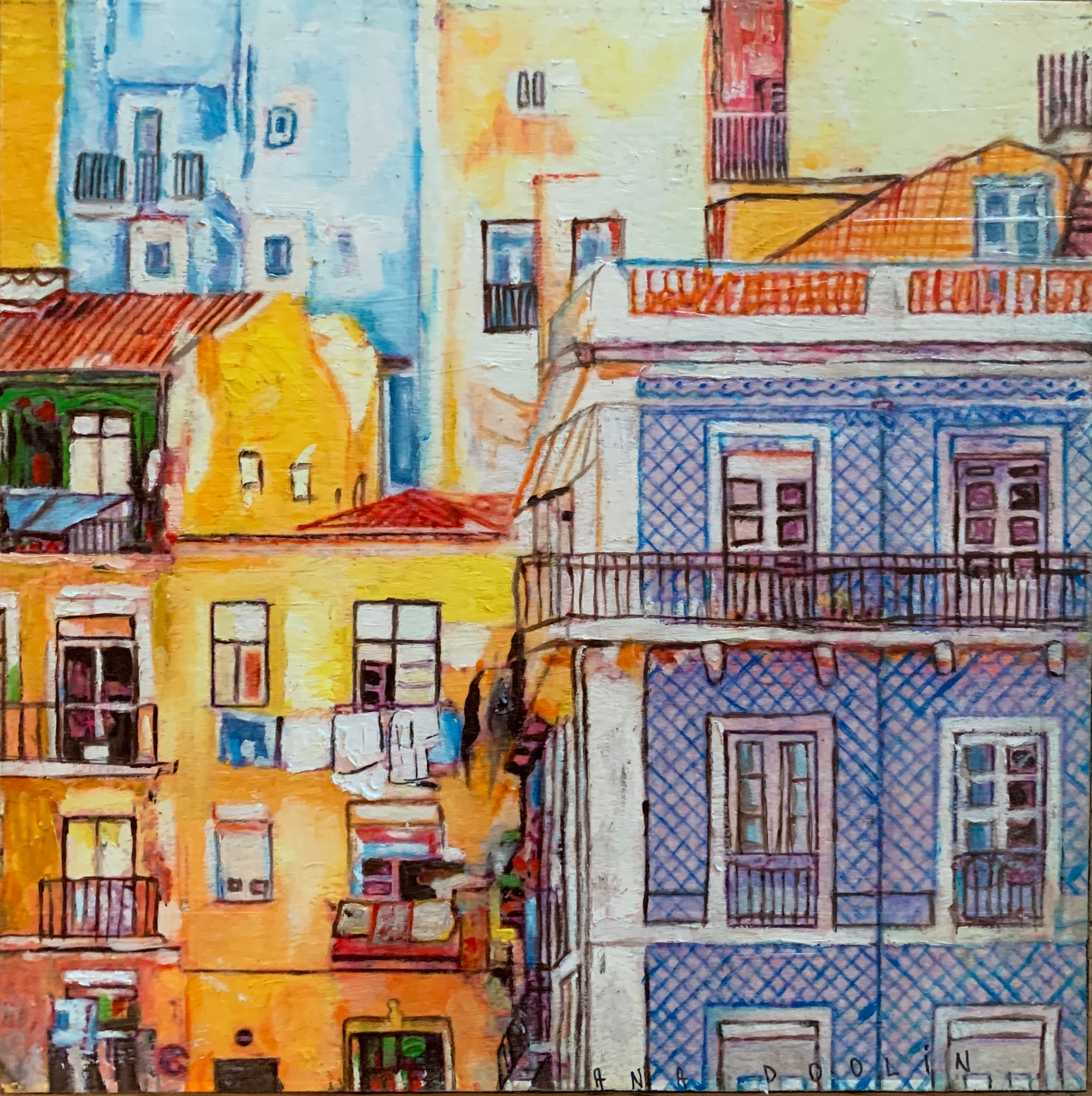 Original Oil painting 12\u201dx16\u201d fa\u00e7ade cityscape Lisbon