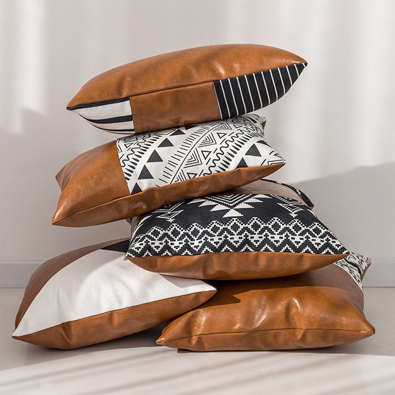 Marlan Mid Century Modern Camel Brown Leather Decorative Throw Pillow -  20x20 20X20